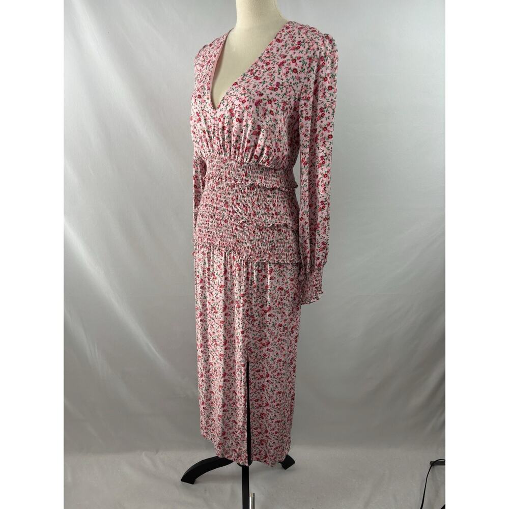 AFRM Hazel Midi Dress Pink Red Floral Medium V-neck Long Sleeve Slit